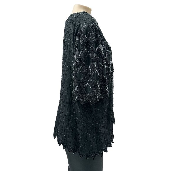 80s Vintage Laurence Kazar Sequin Beaded Silk Blouse Top Black Plus Size XL - Picture 5 of 10